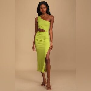 Lulu’s Spice Things Up Lime Green Ribbed One-Shoulder Cutout Midi Dress XS